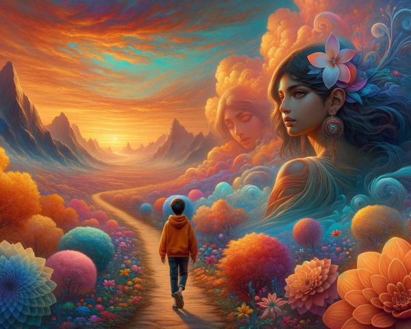 Vibrant Sunset Landscape with Whimsical Elements