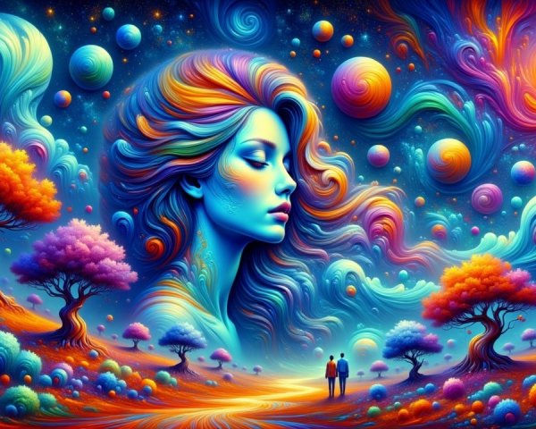 Surreal Landscape with Cosmic Elements and Figures