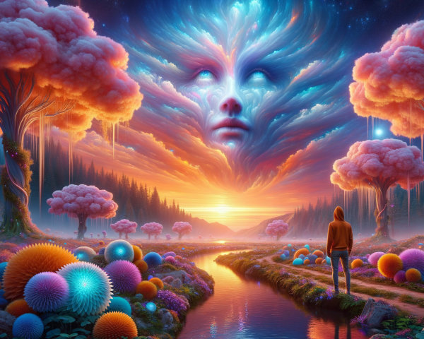 Surreal landscape with pink trees and ethereal face