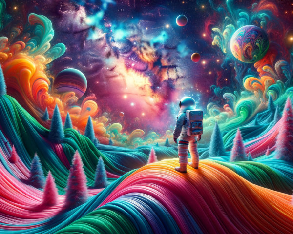 Astronaut in a Surreal Colorful Cosmic Landscape