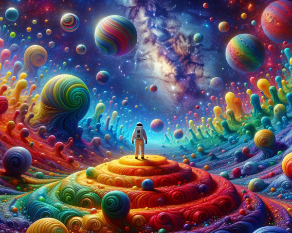 Vibrant Cosmic Landscape with Astronaut and Planets