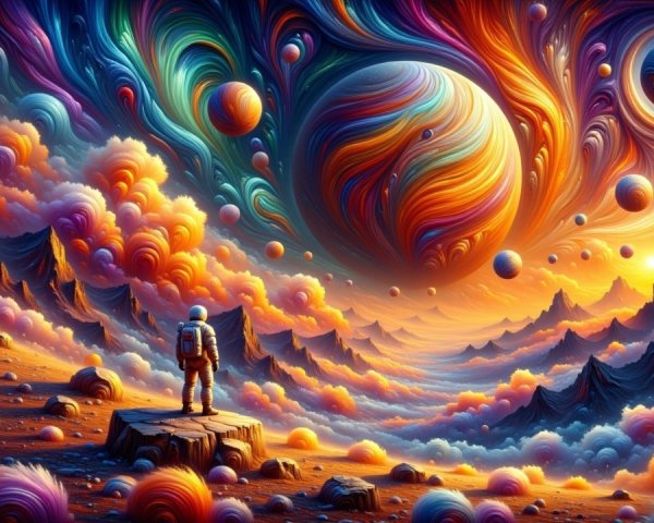 Astronaut Observing Colorful Cosmic Landscape