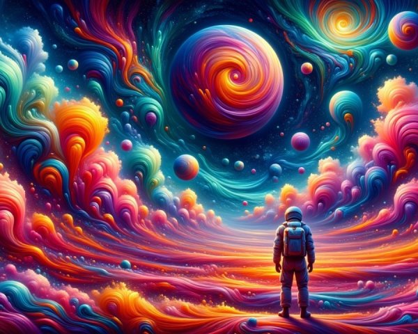 Vibrant Cosmic Scene with Astronaut and Celestial Bodies