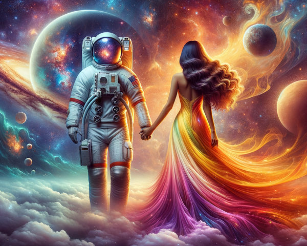 Astronaut and Woman in Cosmic Dreamlike Scene
