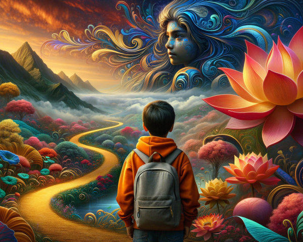 Young boy in surreal landscape with vibrant colors