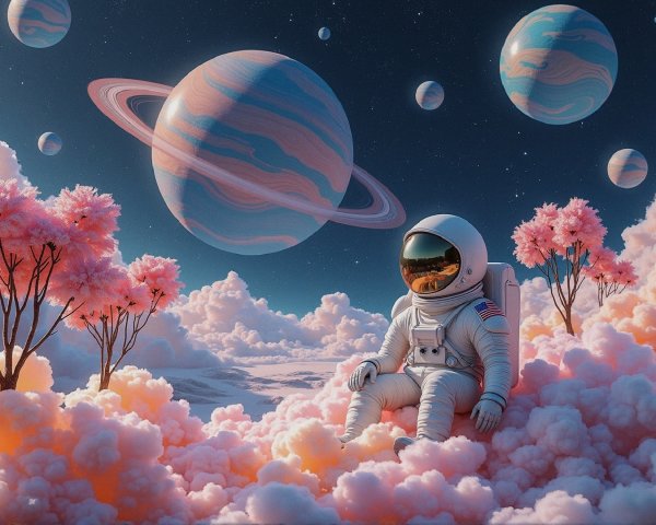 Astronaut in Dreamlike Landscape with Cherry Blossoms