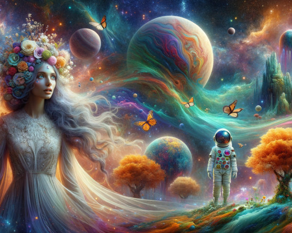 Serene Figure in a Cosmic Landscape with Butterflies