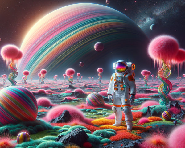 Astronaut on Alien Planet with Colorful Flora and Sky