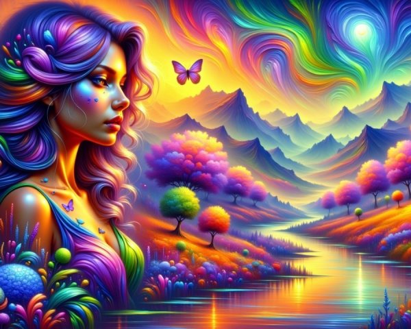 Surreal Landscape with Colorful Woman and Butterflies