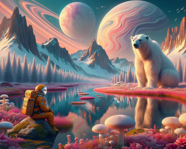 Surreal Landscape with Astronaut and Giant Bear