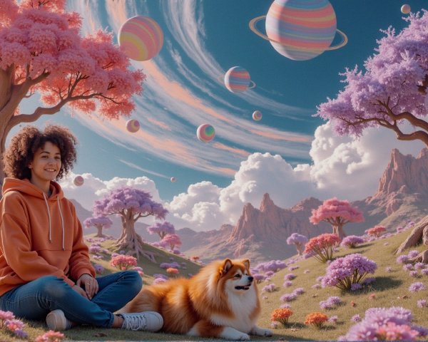 Whimsical Landscape with Young Woman and Fluffy Dog