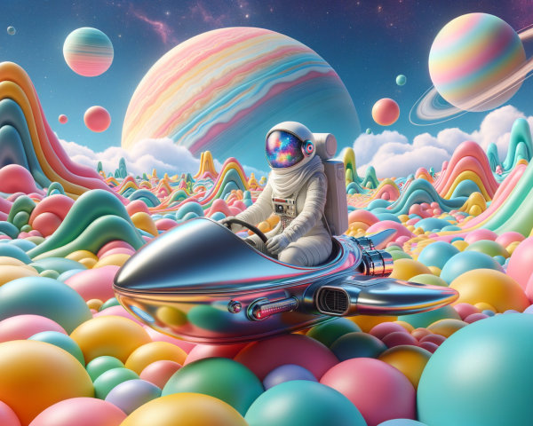 Astronaut in Spacesuit Amid Surreal Cosmic Landscape