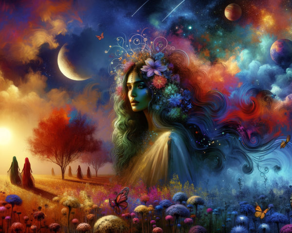 Surreal Landscape with Celestial Figure and Flora