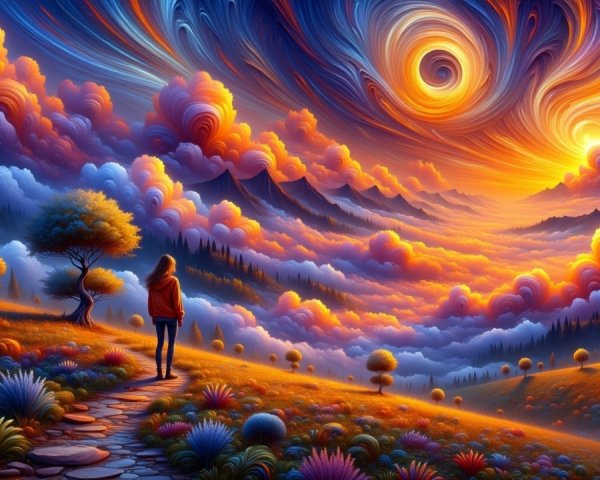 Vibrant Sunset Landscape with Grassy Hill and Path