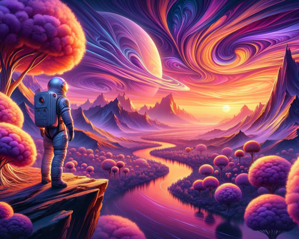 Cosmic Landscape with Astronaut and Surreal Colors