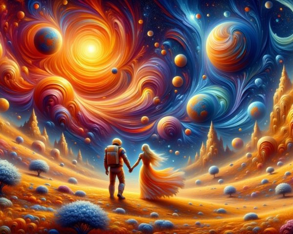 Astronaut and Figure in Vibrant Cosmic Landscape