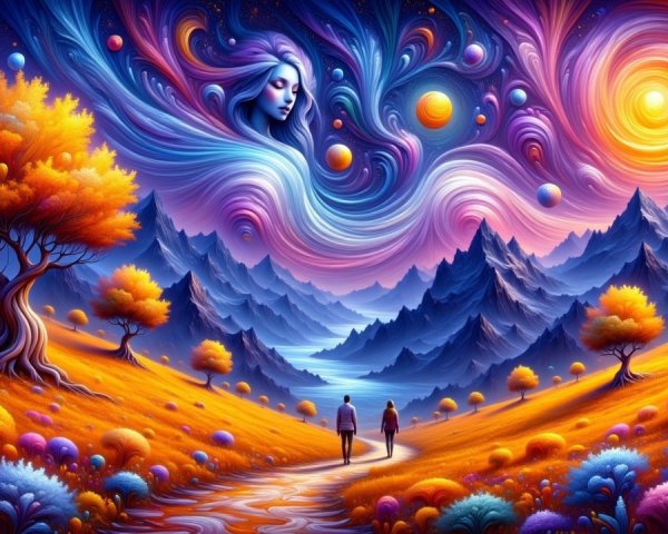 Vibrant Landscape with Galaxies and Serene Mountainscape