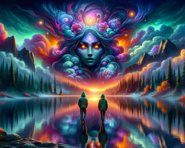 Tranquil Lake Landscape with Cosmic Sky and Figures