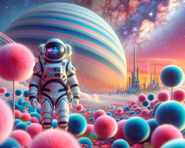 Astronaut in Colorful Landscape with Striped Planet