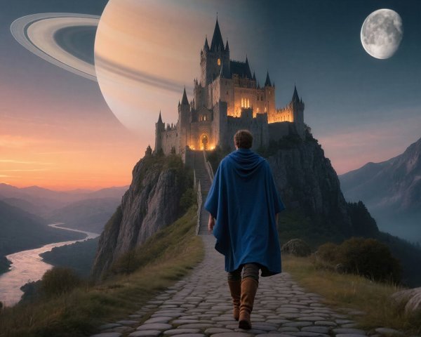 Celestial Scene with Mysterious Figure and Castle