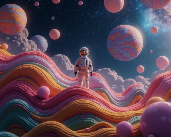 Surreal Landscape with Colorful Stripes and Spheres