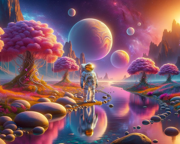 Astronaut in a Cosmic Landscape with Surreal Flora