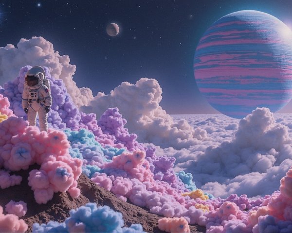 Astronaut in a Colorful, Surreal Cloud Landscape