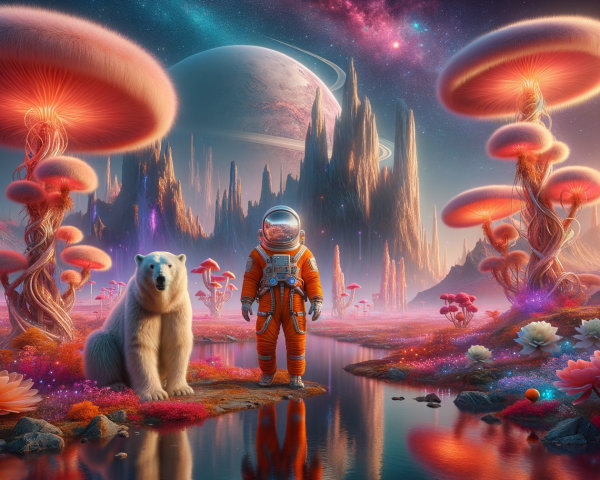 Astronaut and Polar Bear in Vibrant Alien Landscape