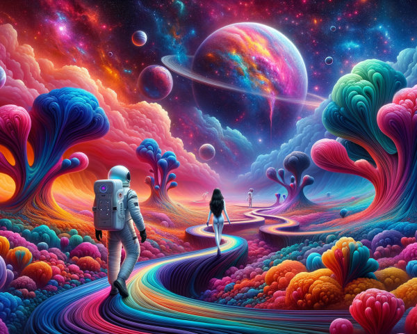 Astronaut in Surreal Landscape with Cosmic Sky