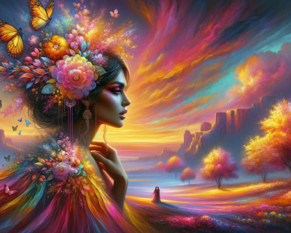 Portrait of a woman with flowers and butterflies at sunset