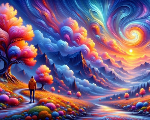Vibrant Dreamlike Landscape with Colorful Nature Elements