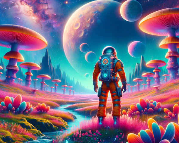 Surreal Landscape with Astronaut and Colorful Mushrooms