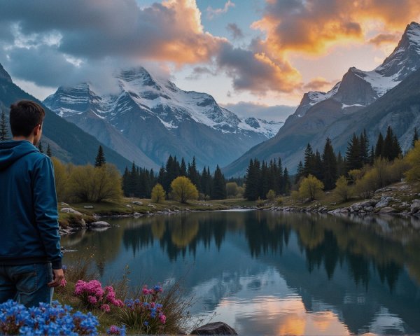 Tranquil Lake Landscape with Mountains and Sunset