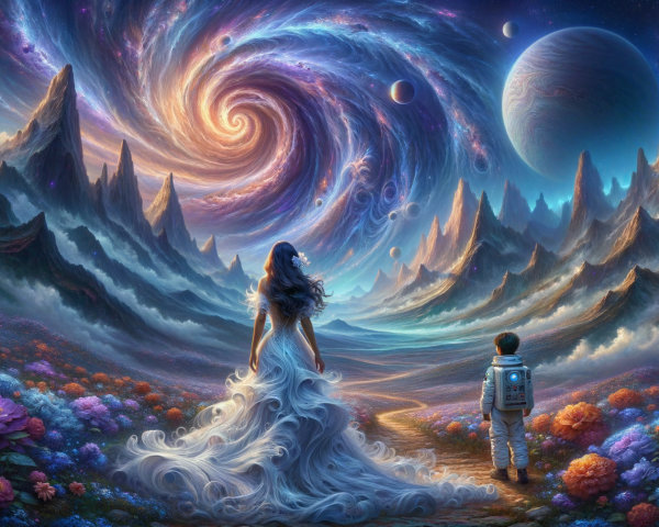 Cosmic Landscape with Woman and Astronaut Gazing at Galaxy