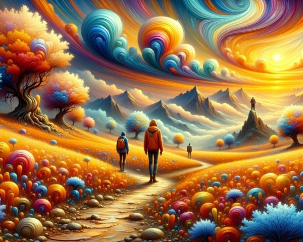Surreal Landscape with Colorful Trees and Mountains