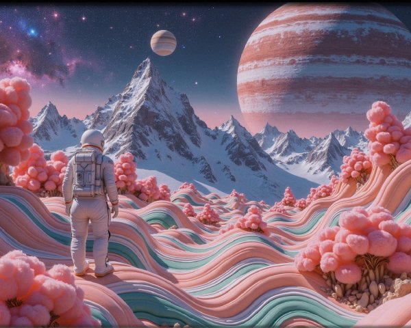 Astronaut in a surreal landscape with colorful planets