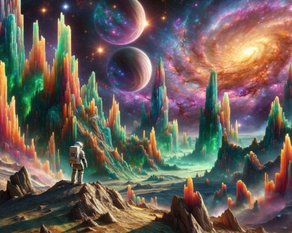 Astronaut on Alien Terrain with Colorful Crystals