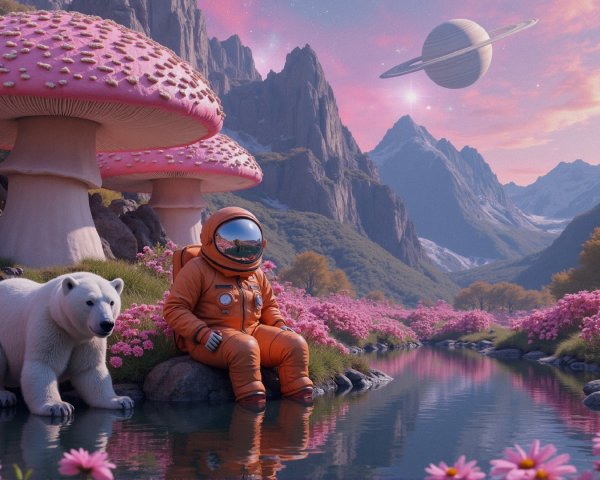 Astronaut and Polar Bear in Whimsical Landscape