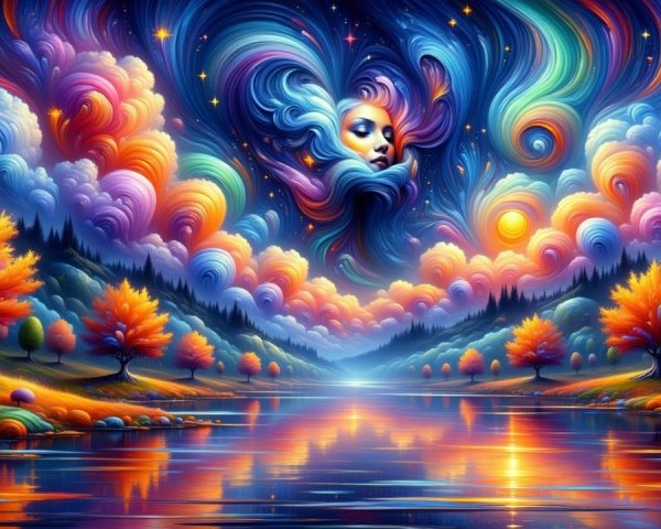 Vibrant landscape with swirling clouds and serene lake