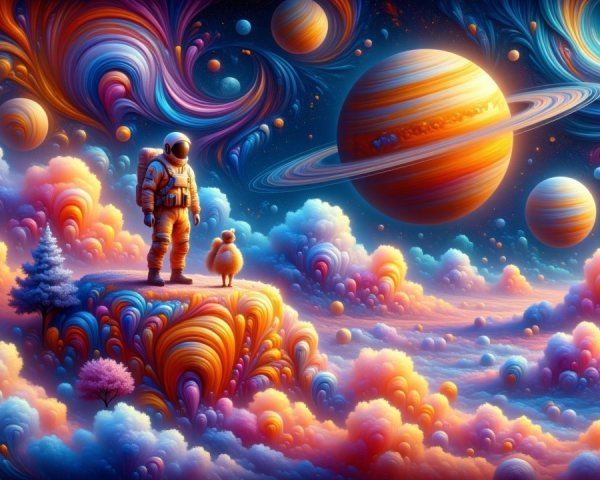 Astronaut on Colorful Landscape with Ringed Planet