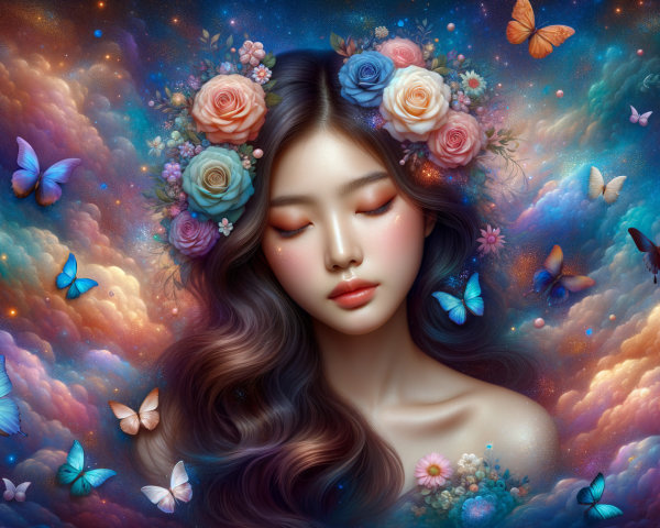Serene Woman with Floral Crown and Butterflies