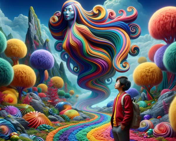Child in Red Jacket in Whimsical Fantasy Landscape