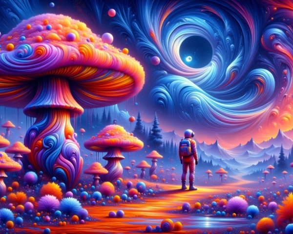 Surreal Landscape with Vibrant Mushrooms and Galaxy