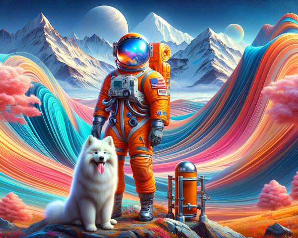 Astronaut with Dog in Surreal Cosmic Landscape