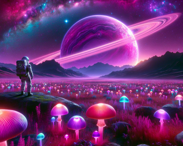 Astronaut in a Field of Glowing Neon Mushrooms