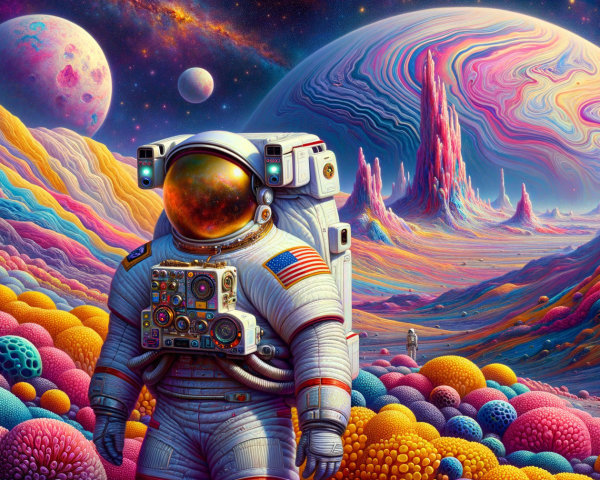 Astronaut in Colorful Alien Landscape with Unique Flora