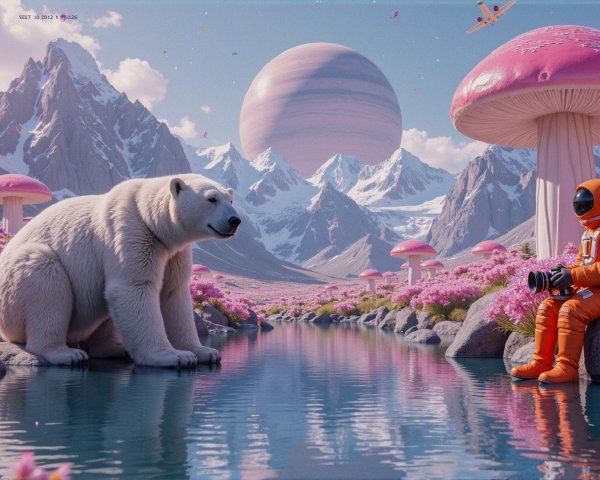 Surreal Landscape with Polar Bear and Astronaut