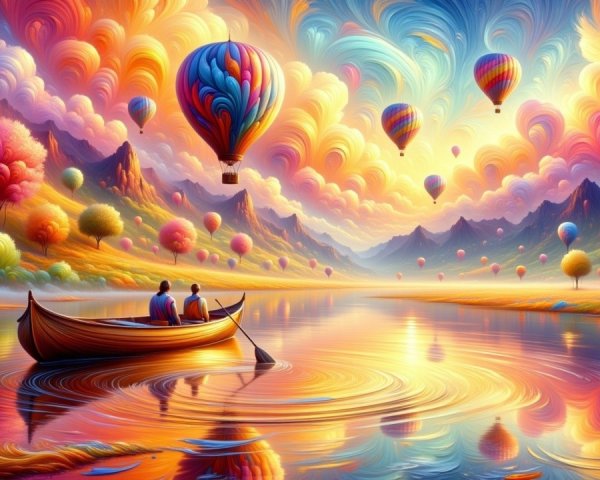 Vibrant Sunset Landscape with Hot Air Balloons and River