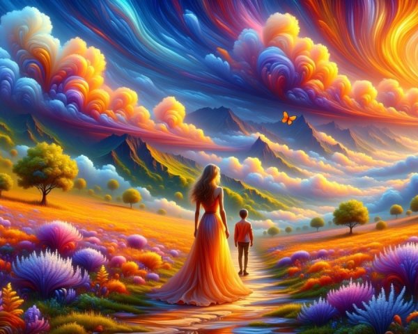 Vibrant Landscape with Woman and Child in Nature