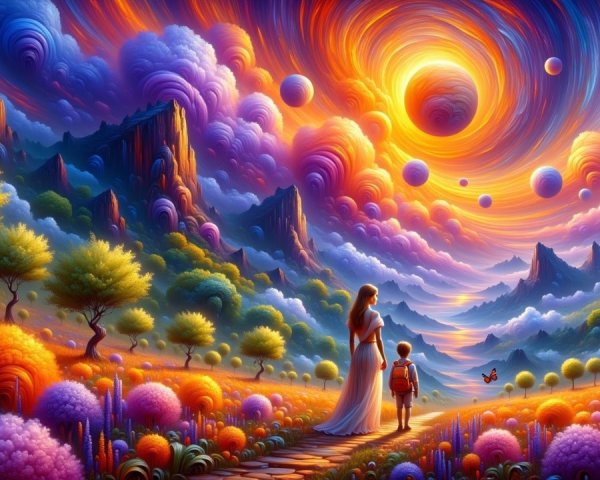 Surreal Landscape with Woman and Child at Sunrise